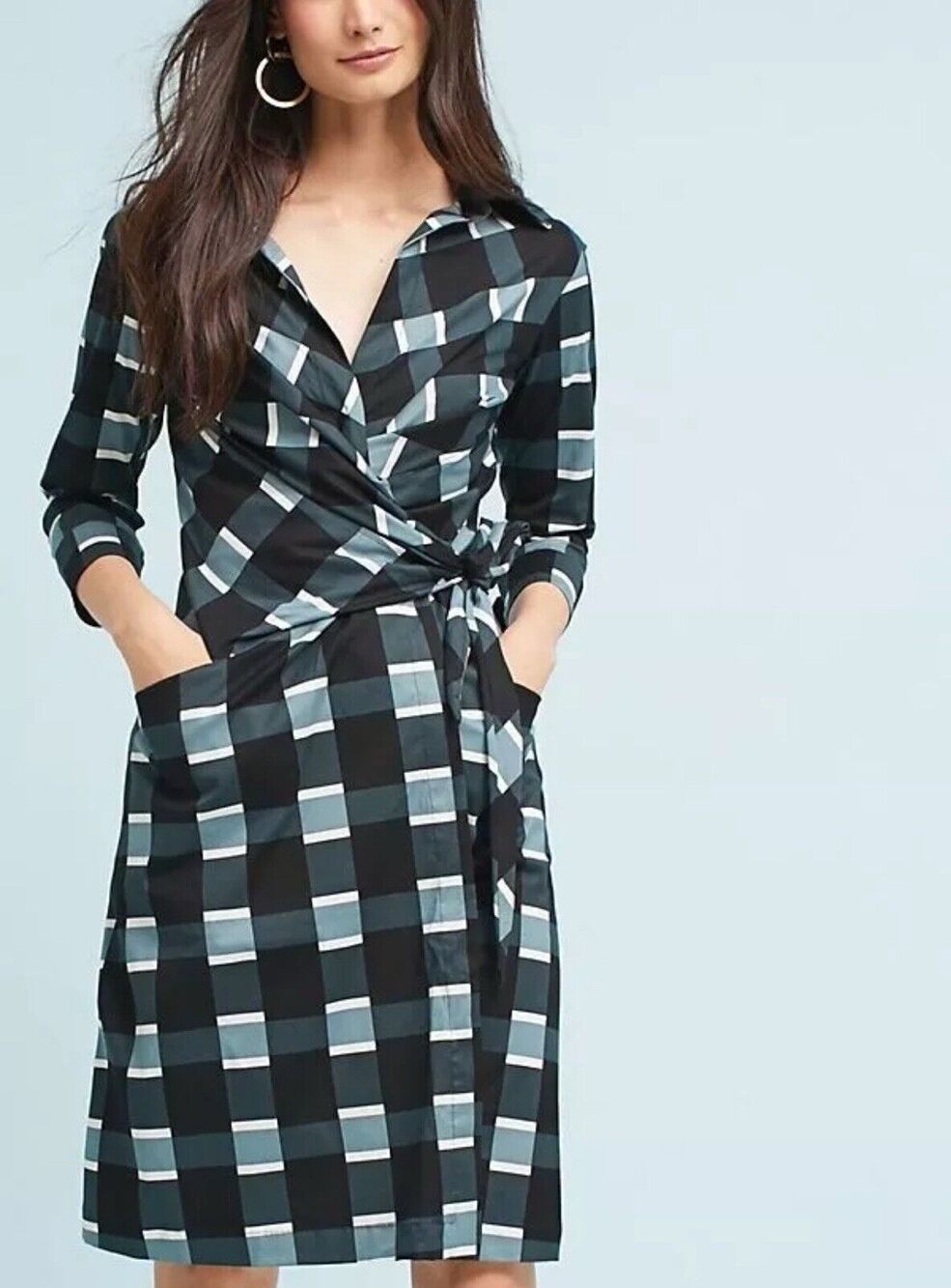 Anthropologie SSUNG Dress Size 4 Plaid Black White Gray Wrap 3/4 Sleeves